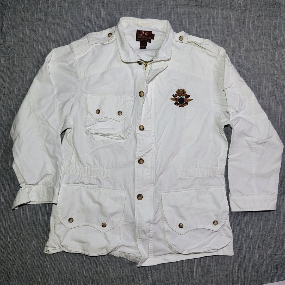 VINTAGE Willis Geiger Safari Jacket Mens White Embroidered Logo Pointed Flap